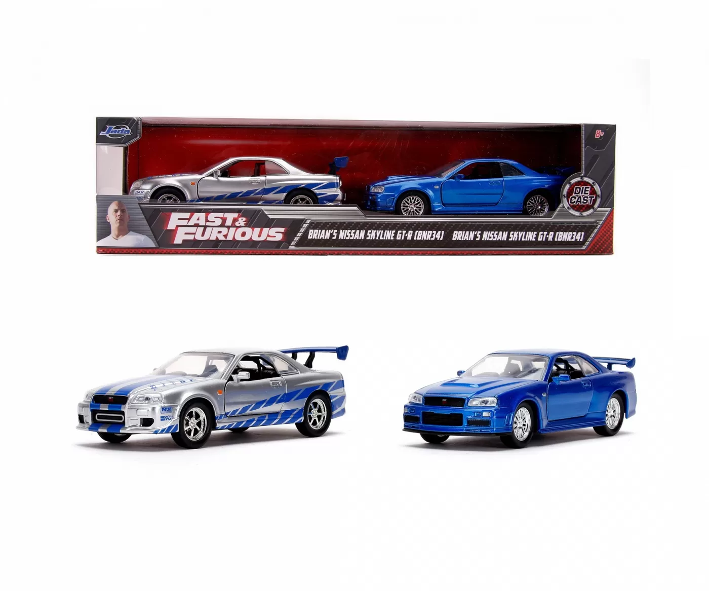 SET MASINUTE METALICE FAST & FURIOUS BRIAN’S NISSAN SKYLINE GT-R(BNR34) SCARA 1 LA 32