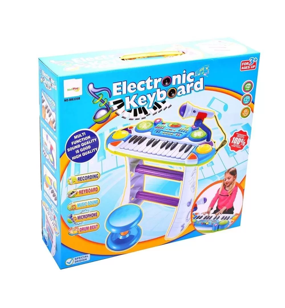 INSTRUMENT MUZICAL PIANINA ELECTRONICA MALPLAY CU SCAUN SI MICROFON 45 CM INALTIME ALBASTRU