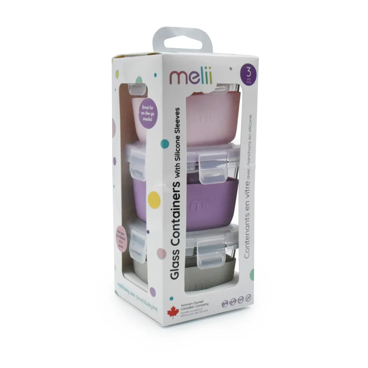 SET 3 RECIPIENTE STICLA 3 160ML CU HUSA ANTIDERAPANTA SILICON MELII ROZ MOV GRI