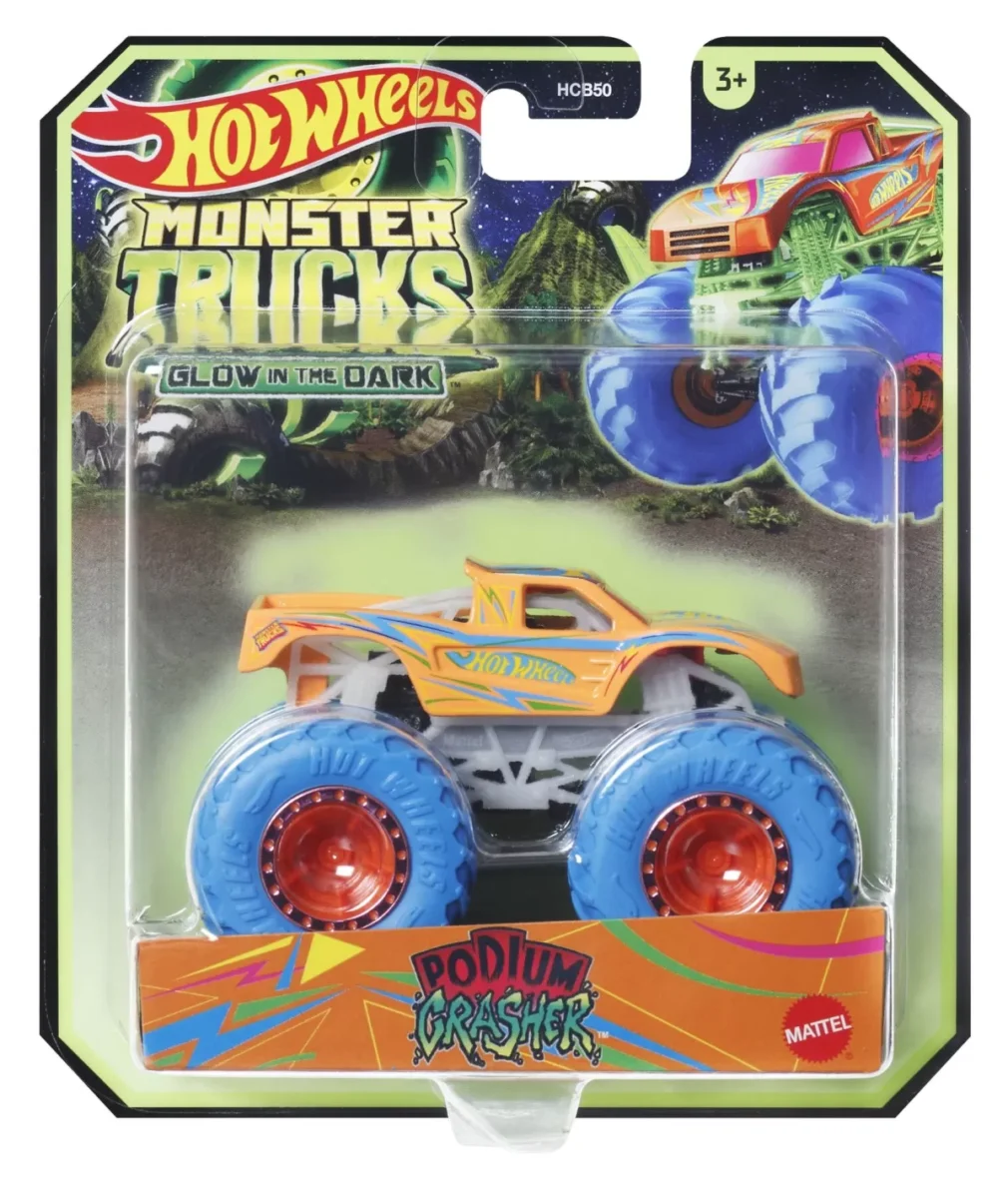 HOT WHEELS MONSTER TRUCK GLOW IN THE DARK MASINUTA PODIUM CRASHER SCARA 1:64