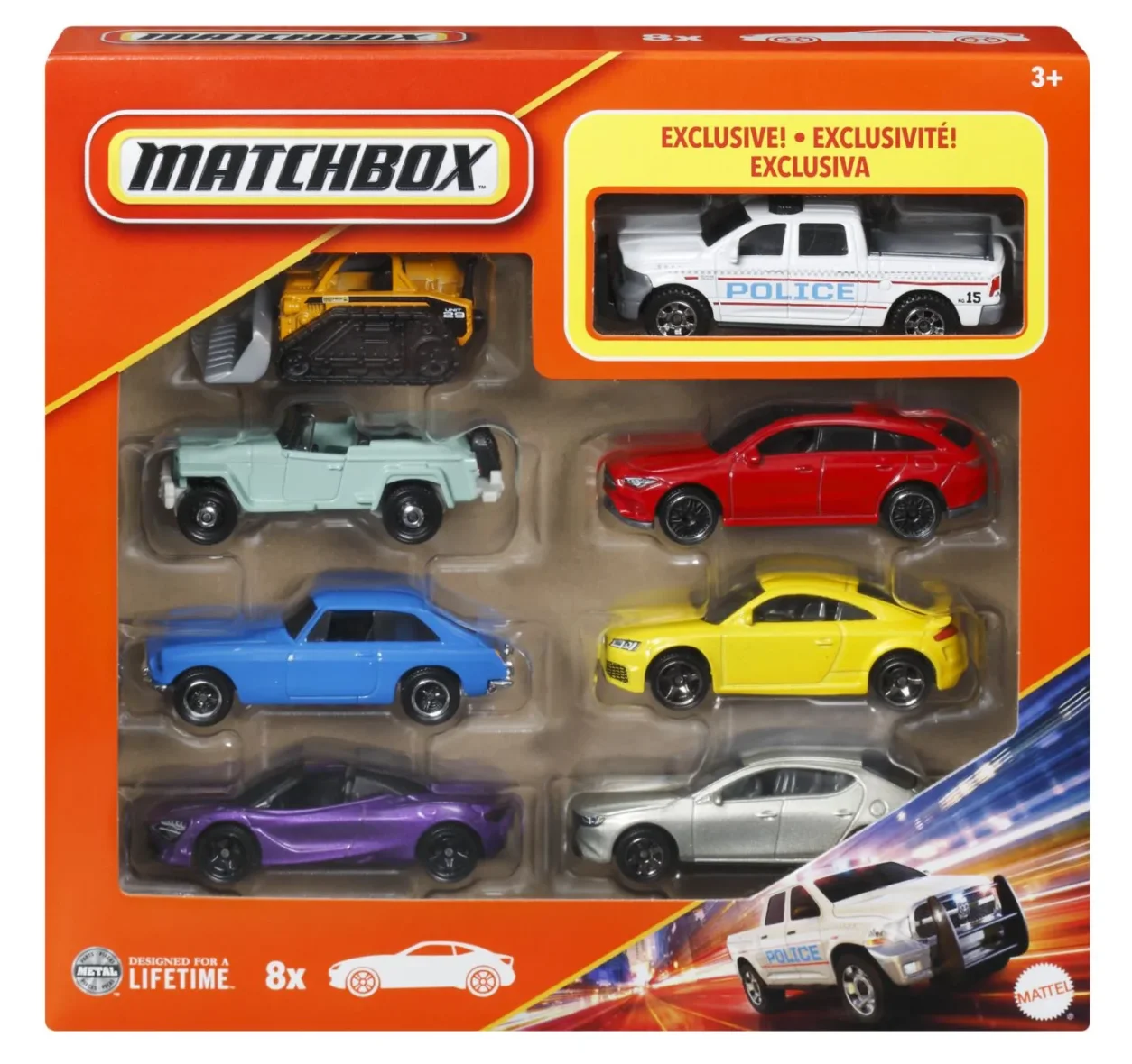 MATCHBOX SET 8 MASINUTE METALICE EXCLUSIV CAMIONETA POLITIEI SCARA 1 LA 64