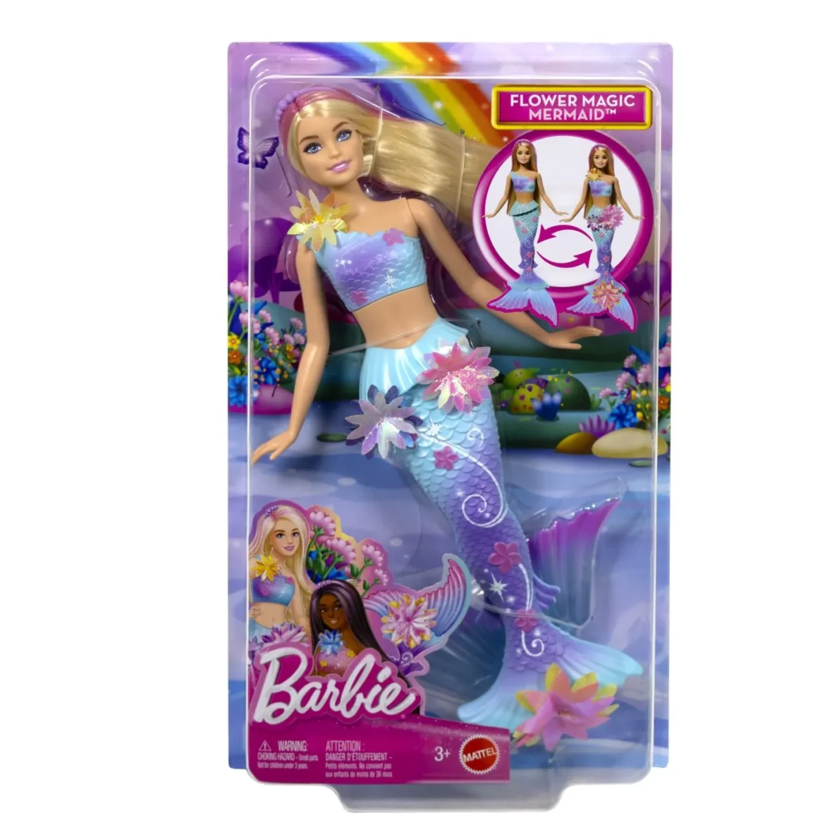 BARBIE PAPUSA SIRENA FLOARE MAGICA CU PAR BLOND SI COADA ALBASTRA