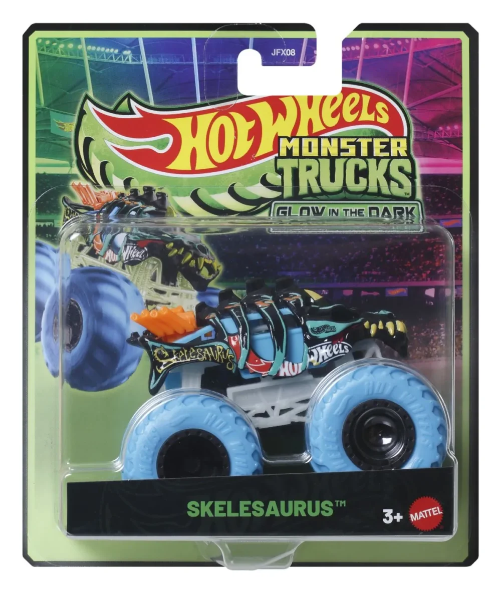 HOT WHEELS MONSTER TRUCK GLOW IN THE DARK MASINUTA SKELESAURUS SCARA 1 LA 64