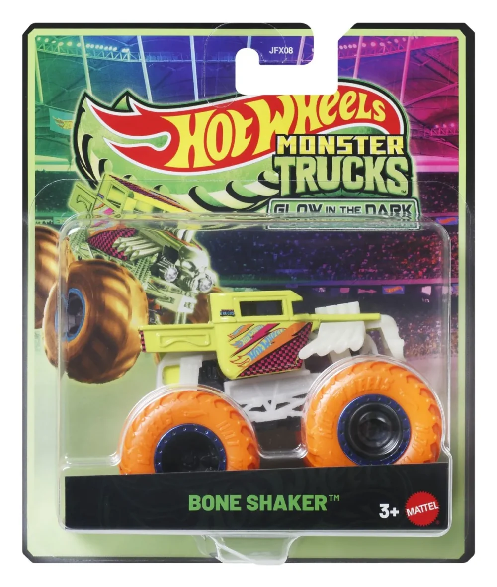 HOT WHEELS MONSTER TRUCK GLOW IN THE DARK MASINUTA BONE SHAKER CU ROTI PORTOCALII SCARA 1 LA 64