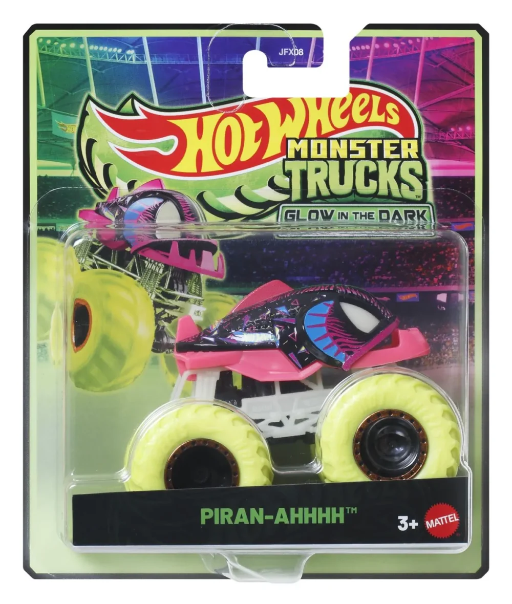 HOT WHEELS MONSTER TRUCK GLOW IN THE DARK MASINUTA PIRAN-AHHHH CU ROTI VERZI SCARA 1 LA 64